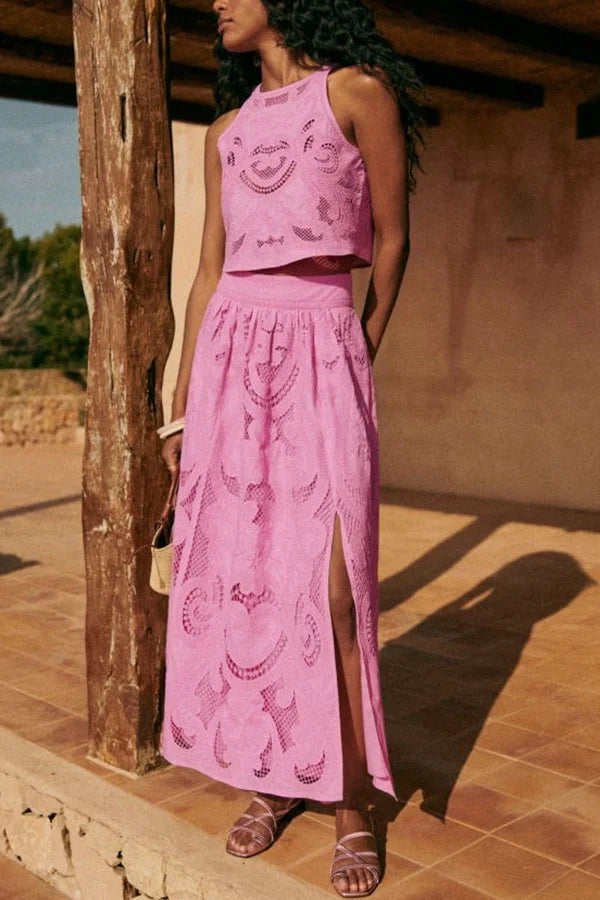 Women's Two-Piece Maxi Skirt Set with Embroidered Eyelet Crop Top