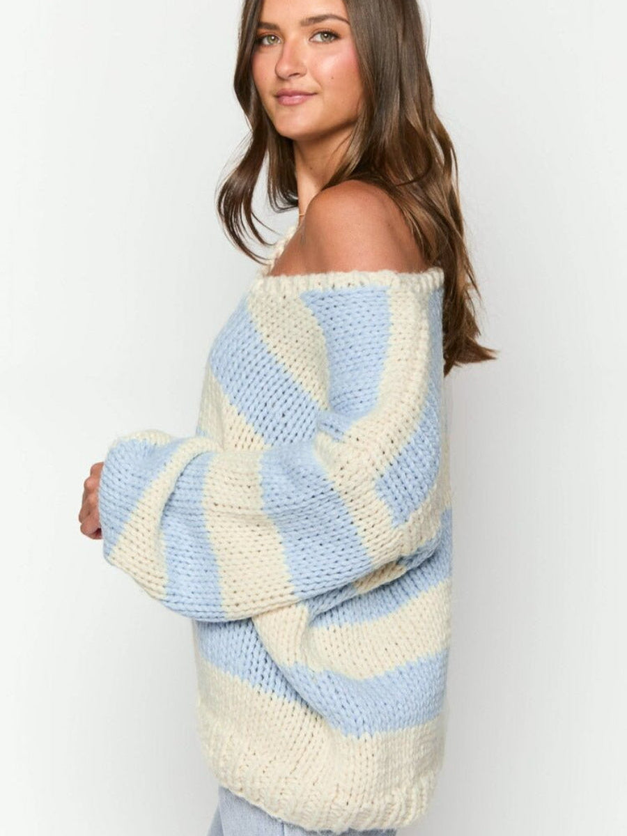 Ceylan Women’s Chunky Knit Sweater Off Shoulder Striped Pullover