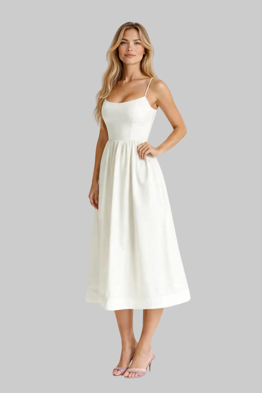 Women’s Midi Dress with Scoop Neckline and Gathered A-Line Skirt
