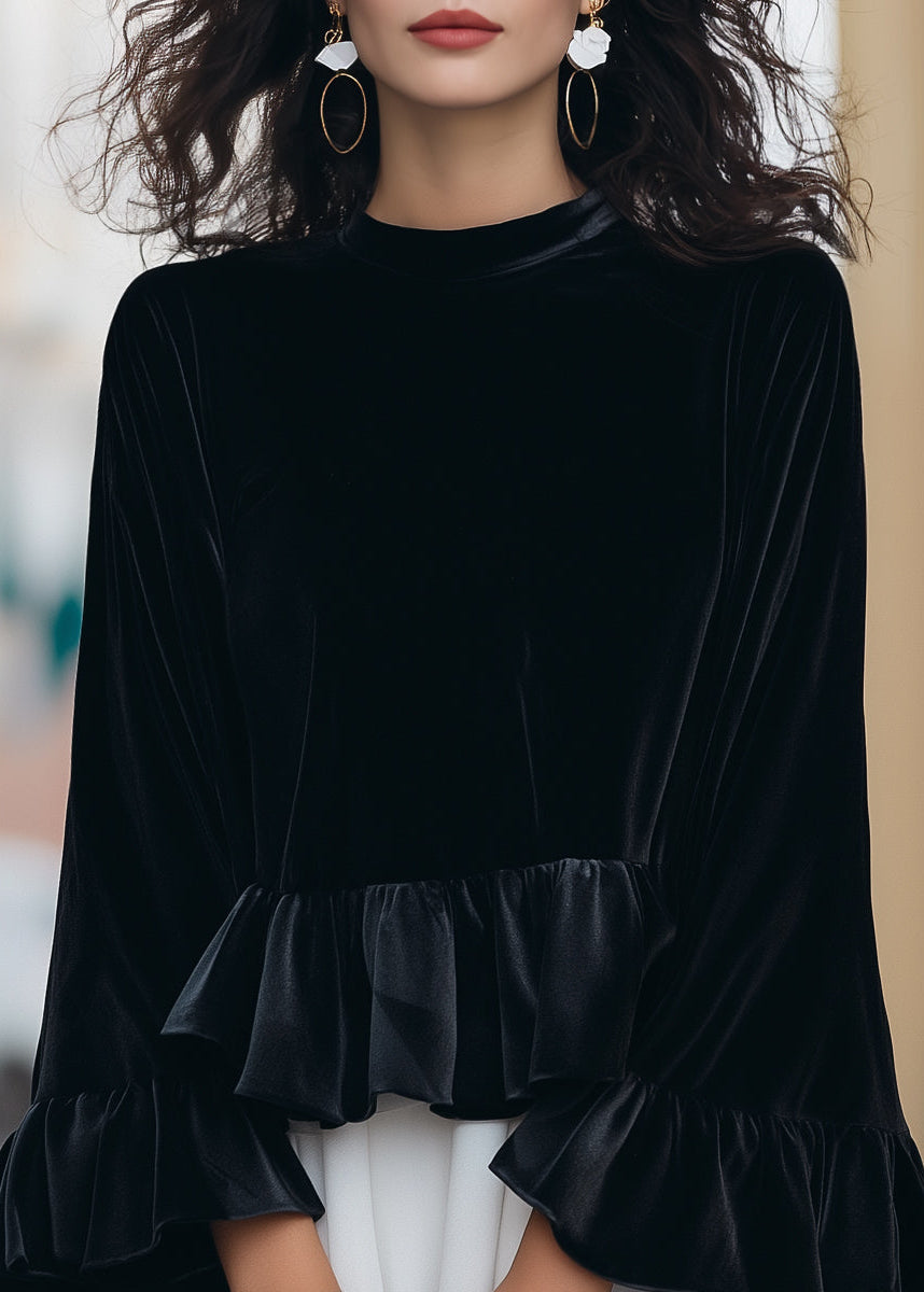 Ceylan Women’s Velvet Ruffle Blouse with Flared Flounce Sleeves