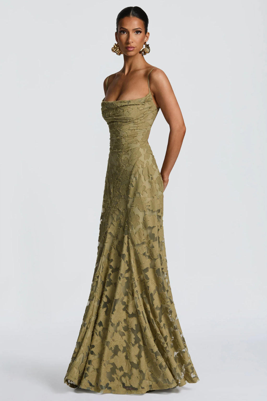 Women’s Maxi Dress with Cami Straps and Floral Brocade Texture