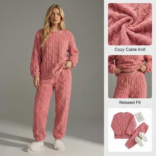 Ceylan Women's Fluffy Pajama Set with Cable Knit Texture