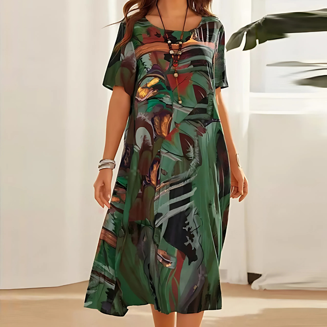 Women's Floral Midi Dress with V-Neckline and Relaxed A-Line Silhouette