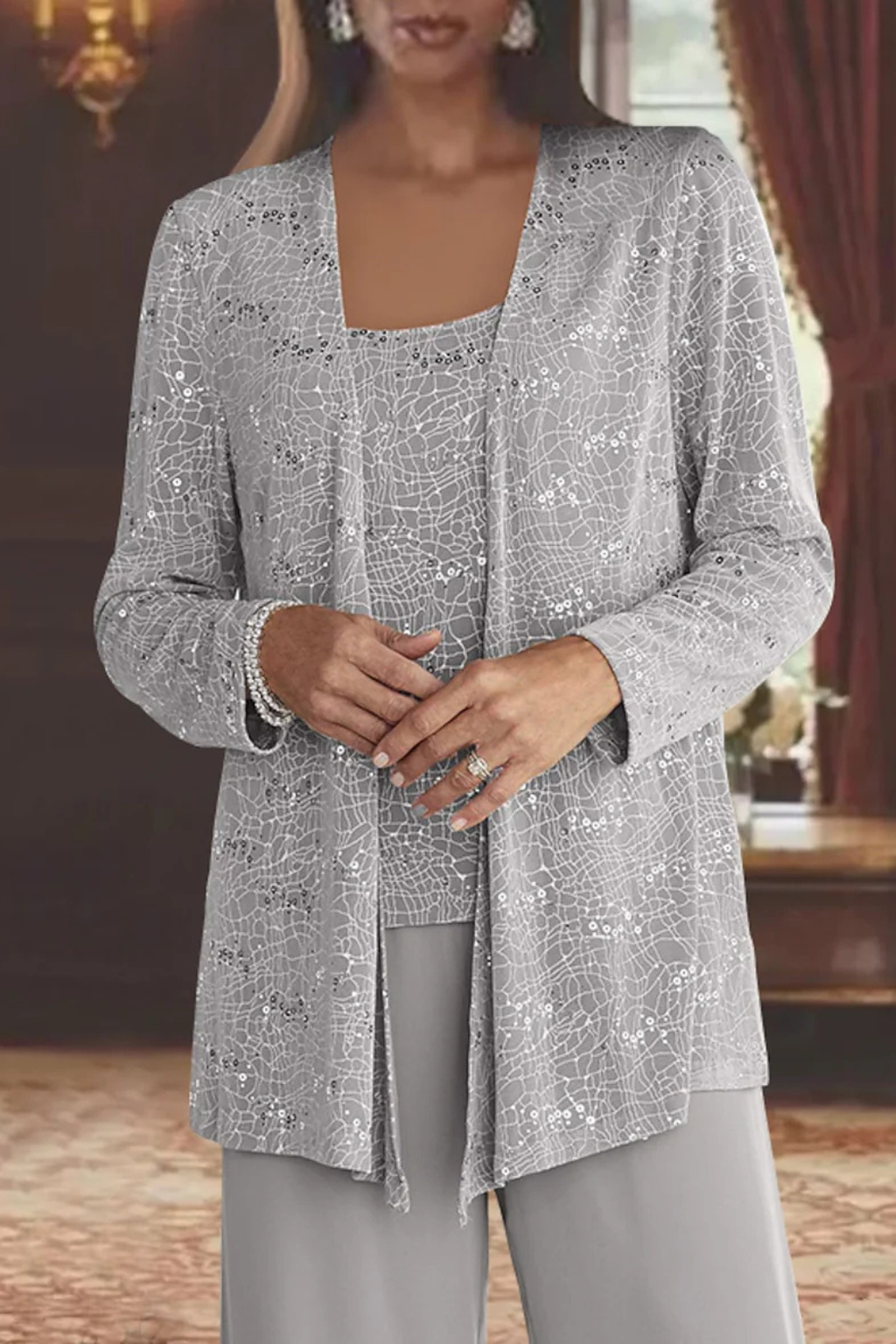 Women’s Three-Piece Pantsuit with Sequin Lace Jacket and Wide-Leg Trousers