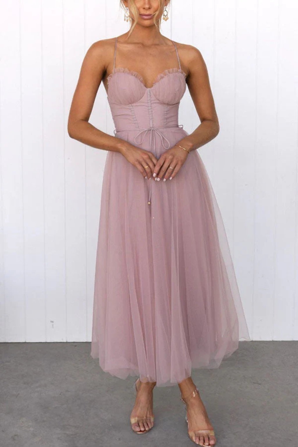 Women’s Midi Dress Corset Bodice Pleated Tulle Skirt