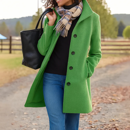 Women's Long Button-Front Winter Coat with Notch Collar