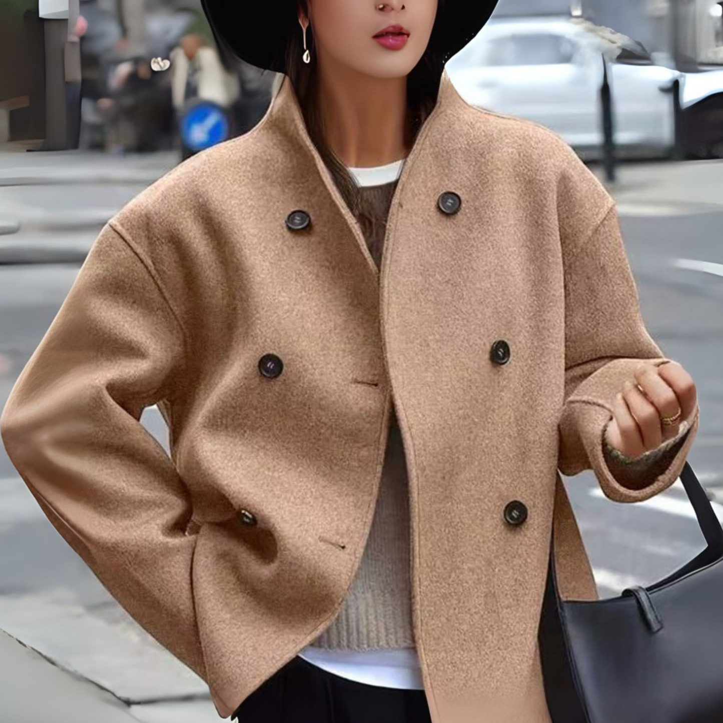 Women’s Double-Breasted Wool Blend Short Coat Oversized Boxy Peacoat