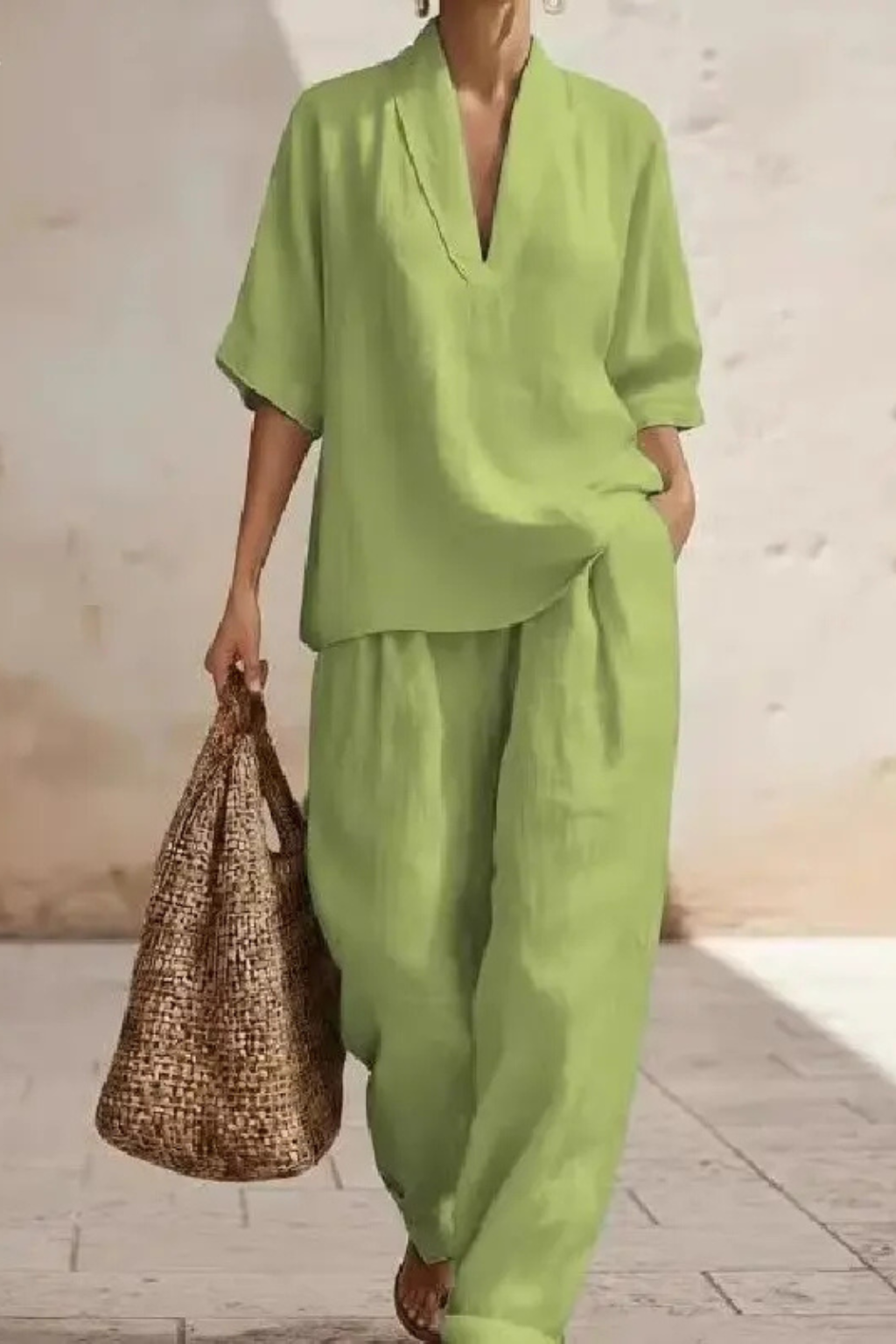 Women’s Linen Co-Ord Set with V-Neck Tunic Top and Wide Leg Trousers