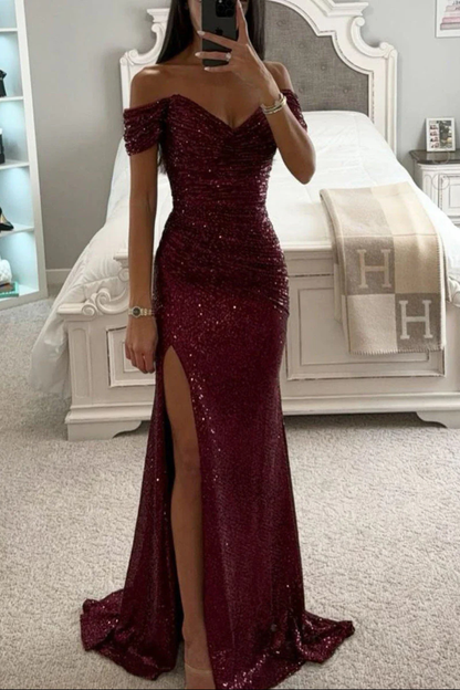 Women's Off Shoulder Side Slit Sequin Wedding Guest Maxi Dress