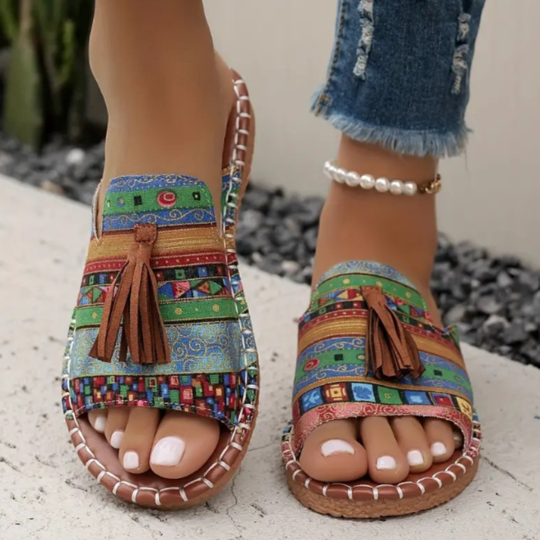 Women’s Flat Sandals with Vintage Tassel Detail and Woven Espadrille Sole