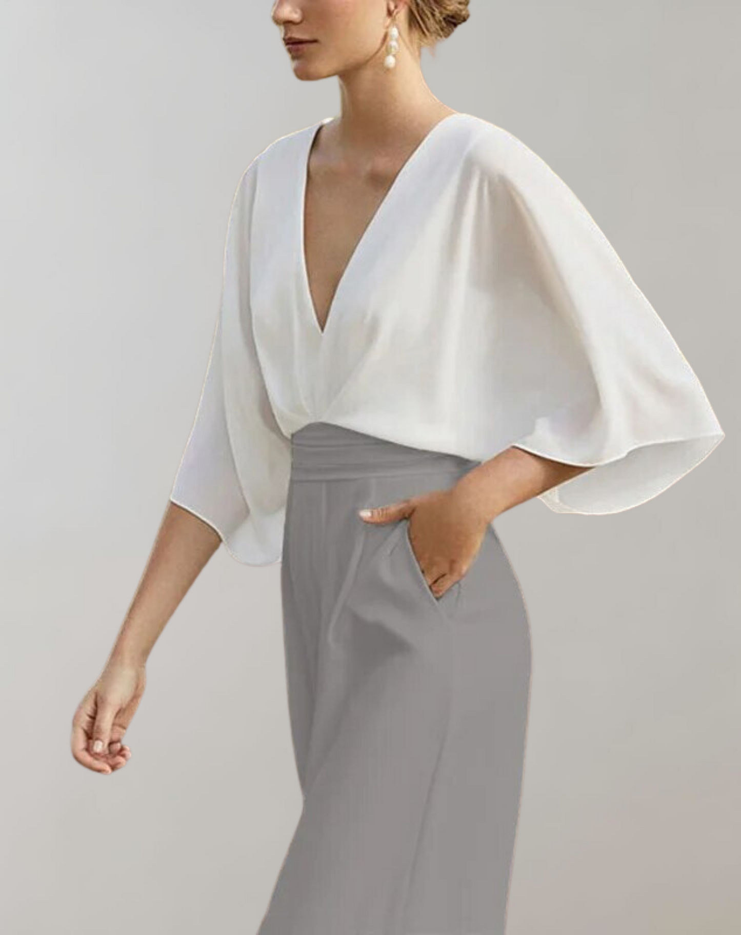 Women¡¯s Wide Leg Jumpsuit with Deep V-Neck and Flutter Kimono Sleeves
