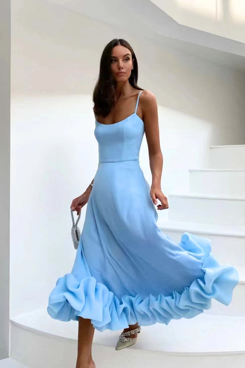 Women’s Maxi Dress with Scoop Neckline and Voluminous Ruffle Hem