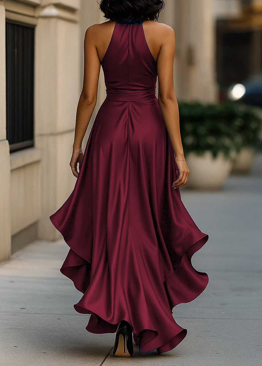 Ceylan Women’s Satin Halter Neck Gown with Asymmetric Ruffles