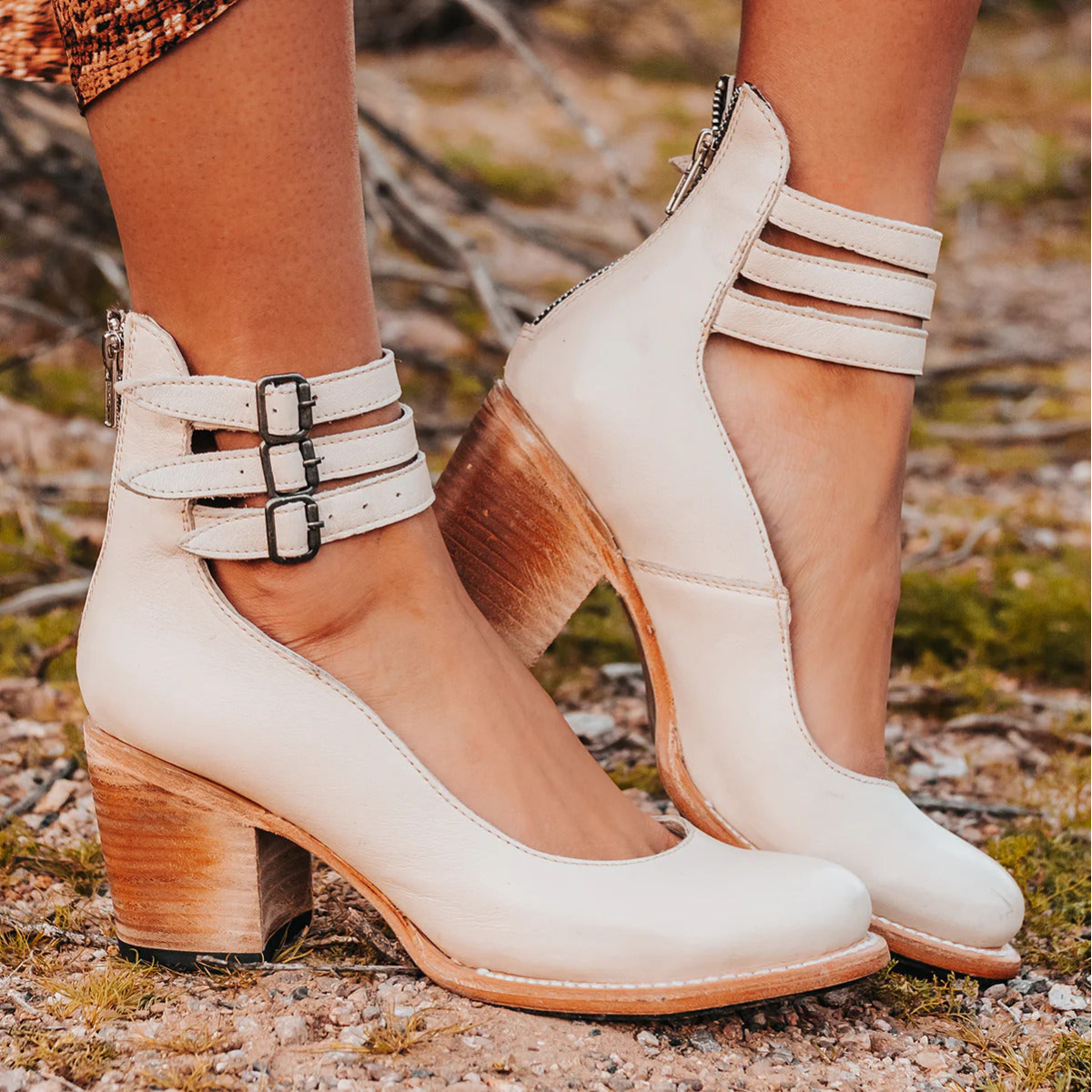 Women’s Block Heel Pumps with Triple Ankle Straps and Distressed Leather Finish