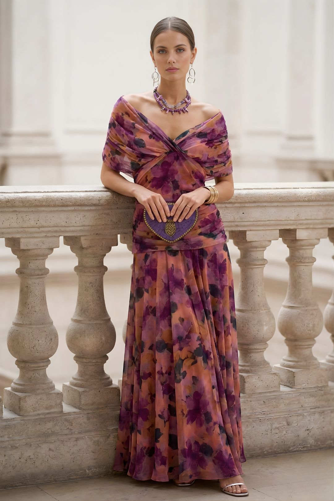 Women's Off-The-Shoulder Ruched Floral Maxi Dress with Sweetheart Neckline