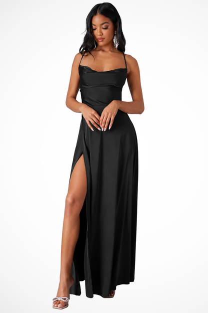 Women's Cowl Neck Side Slit Wedding Guest Satin Maxi Dress