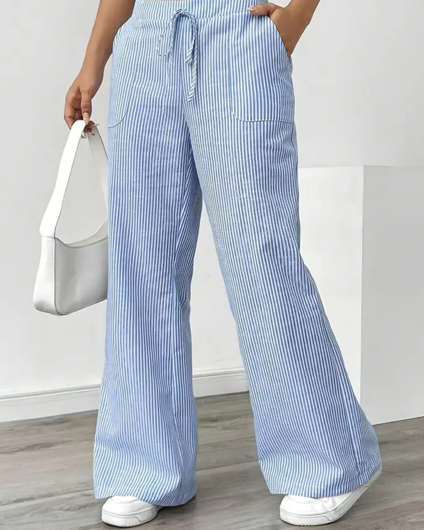 Women’s Linen Striped Pants with Drawstring Waist and Pockets