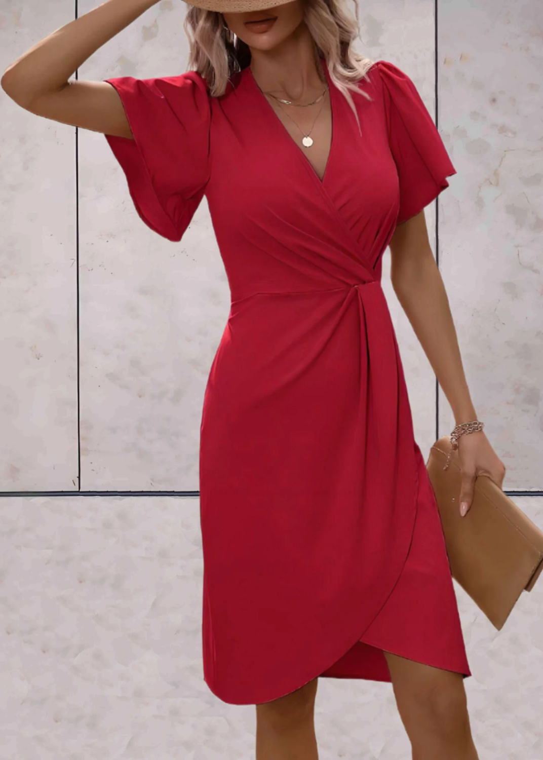 Women’s Wrap Midi Dress with Flutter Sleeves and Ruched Waist Detail