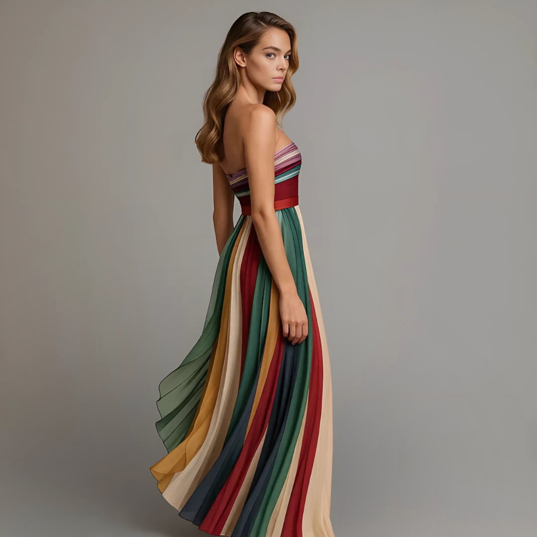 Women¡¯s Strapless Pleated Maxi Dress with Vibrant Vertical Stripe Print and Fitted Bodice