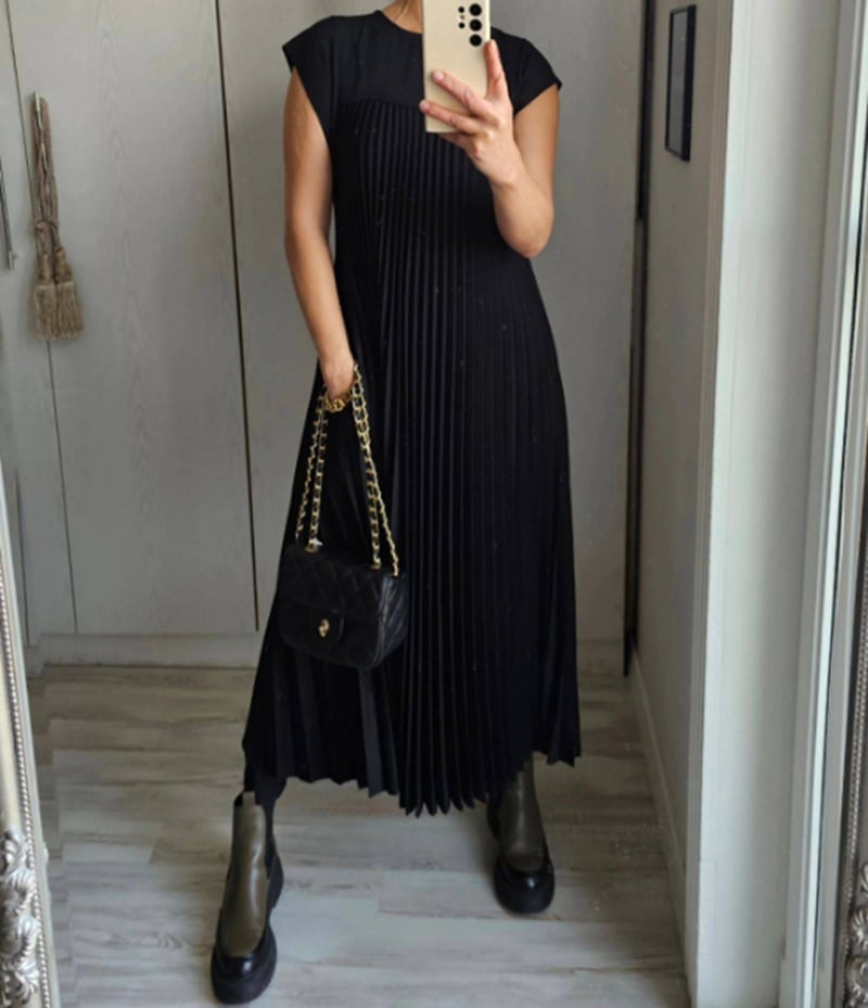 Women's Pleated Maxi Dress with Extended Cap Sleeves and Relaxed Empire Waist