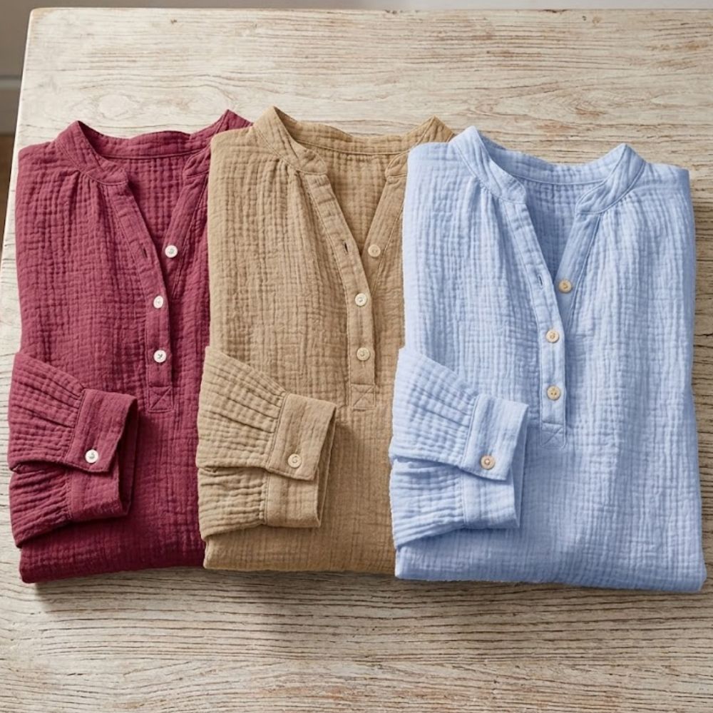 Women's Henley Blouse with Textured Gauze Fabric and Long Sleeves
