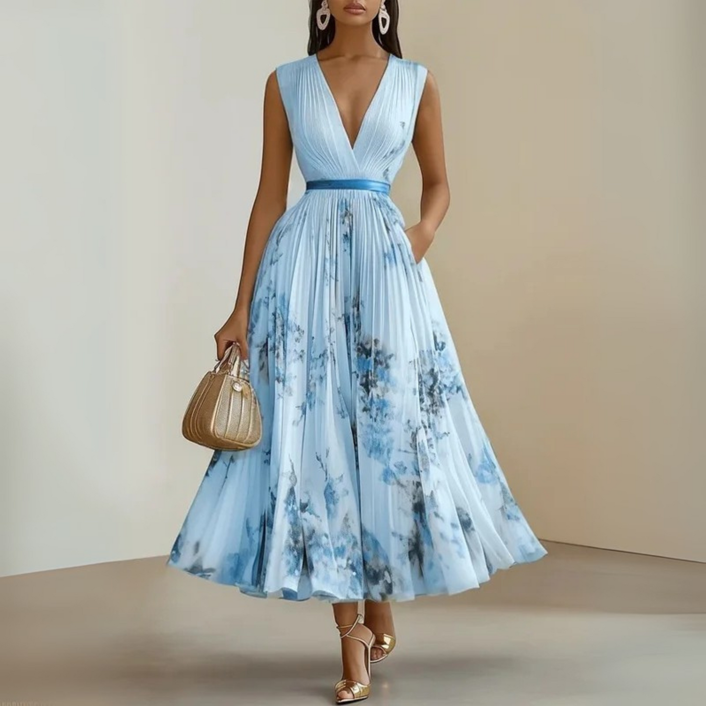 Women’s Pleated Maxi Dress V-Neck Watercolor Print Wedding Guest Gown
