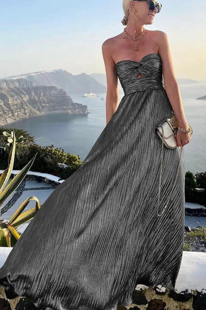 Women's Strapless Twist Front Pleated Wedding Guest Maxi Dress
