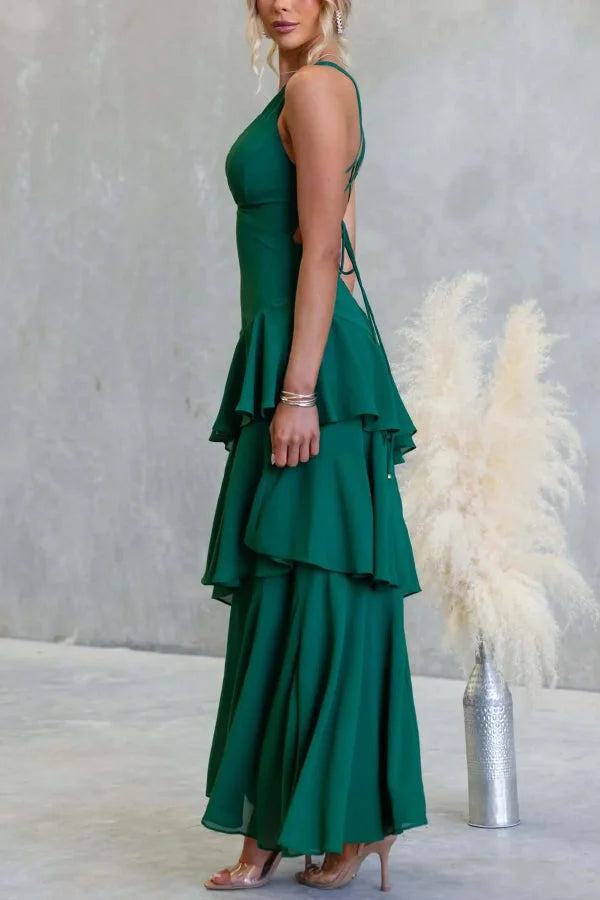 Women’s Sleeveless Maxi Dress with Tiered Skirt and Deep V-Neckline