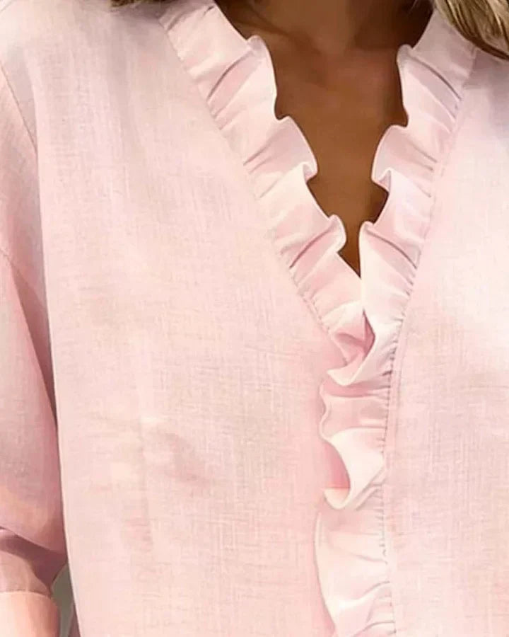 Women's Linen Ruffle-Trim Button-Front Blouse With Roll-Up Sleeves