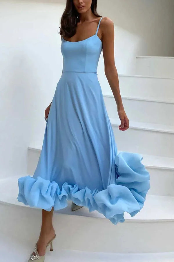 Women’s Flounce Hem Bustier Midi Dress with Tulle Ruffle Skirt