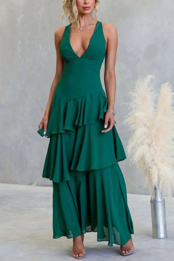 Women’s Sleeveless Maxi Dress with Tiered Skirt and Deep V-Neckline