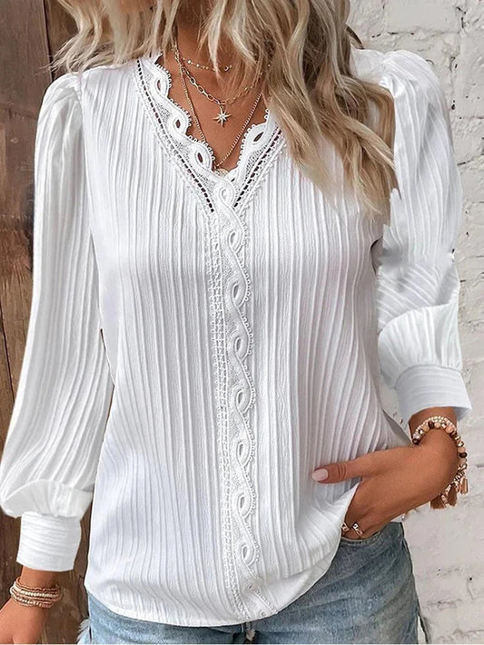 Women's V-Neck Long Sleeve Blouse with Elegant Lace Trim and Pleated Texture