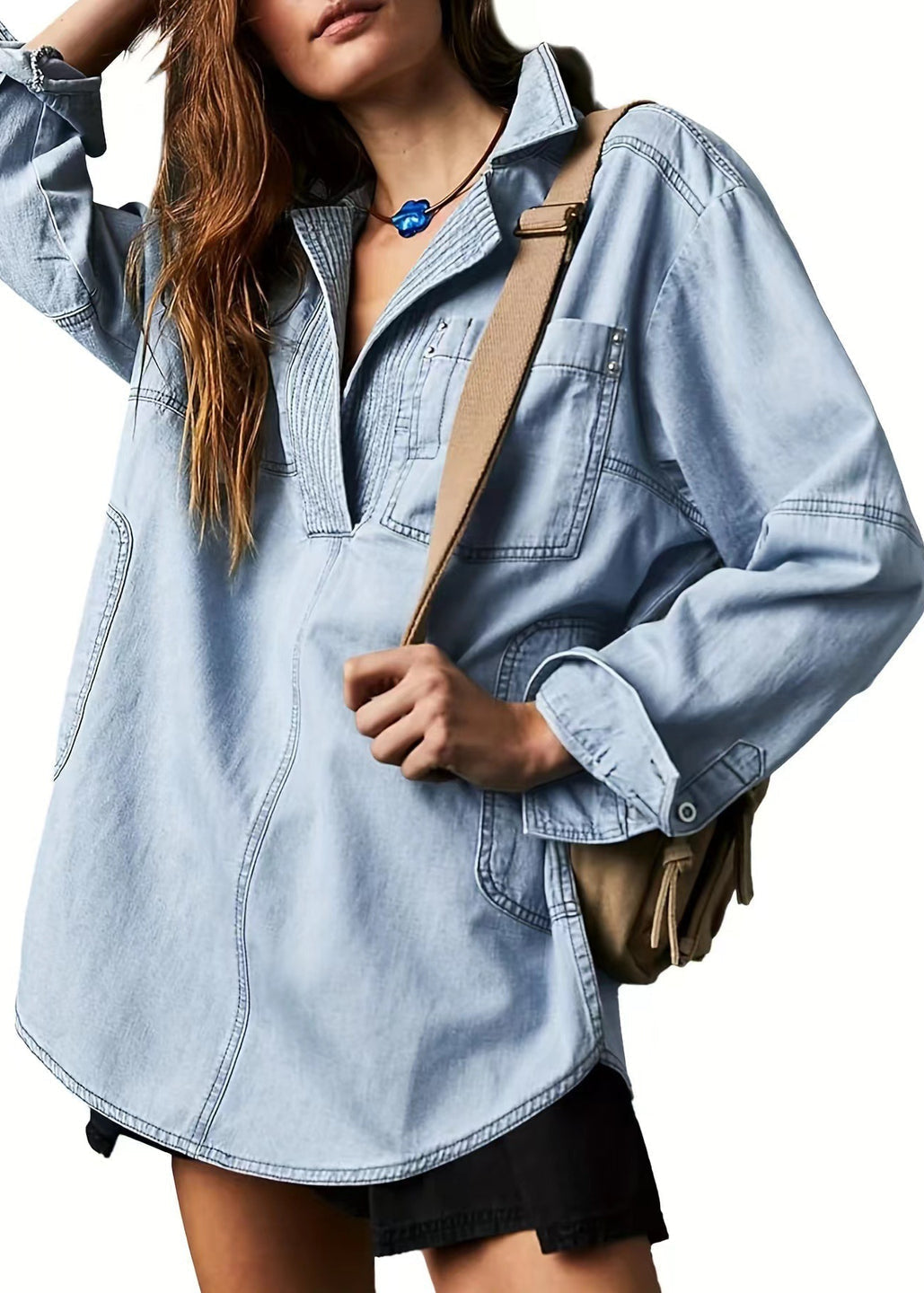 Ceylan Women’s Denim Pullover Blouse Pleated V-Neck Tunic