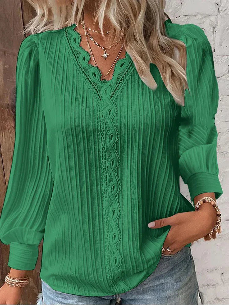 Women's V-Neck Long Sleeve Blouse with Elegant Lace Trim and Pleated Texture