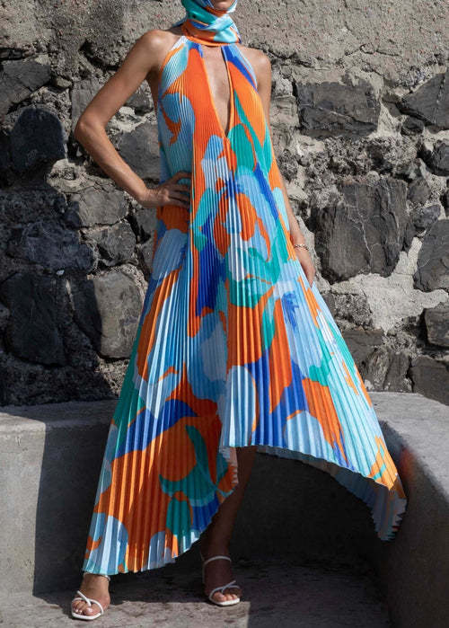 Women’s Maxi Dress with Pleated Halterneck and Asymmetric Handkerchief Hem