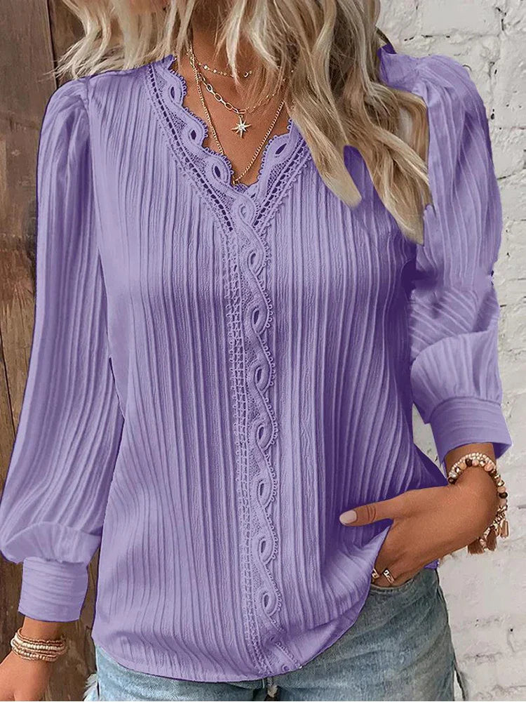 Women's V-Neck Long Sleeve Blouse with Elegant Lace Trim and Pleated Texture