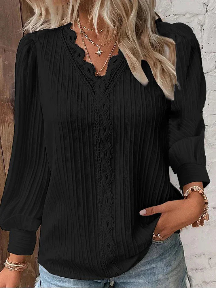 Women's V-Neck Long Sleeve Blouse with Elegant Lace Trim and Pleated Texture