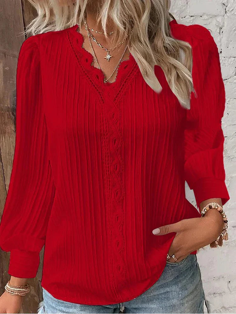 Women's V-Neck Long Sleeve Blouse with Elegant Lace Trim and Pleated Texture