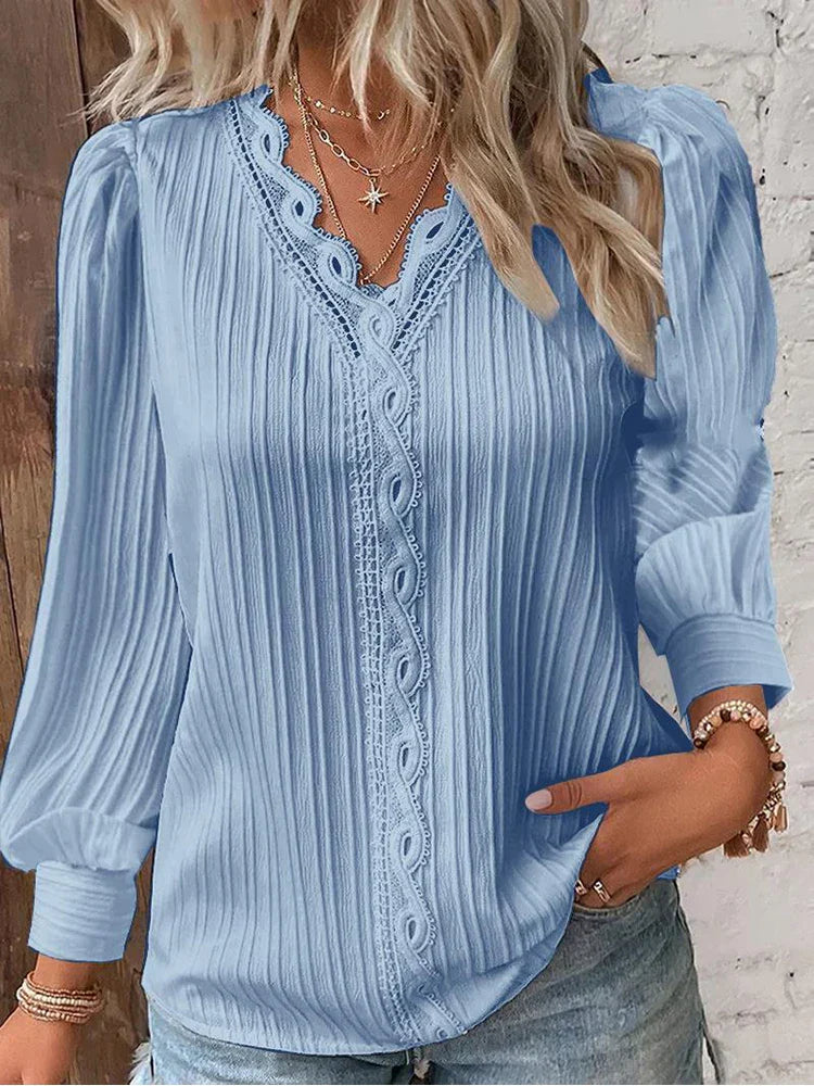 Women's V-Neck Long Sleeve Blouse with Elegant Lace Trim and Pleated Texture