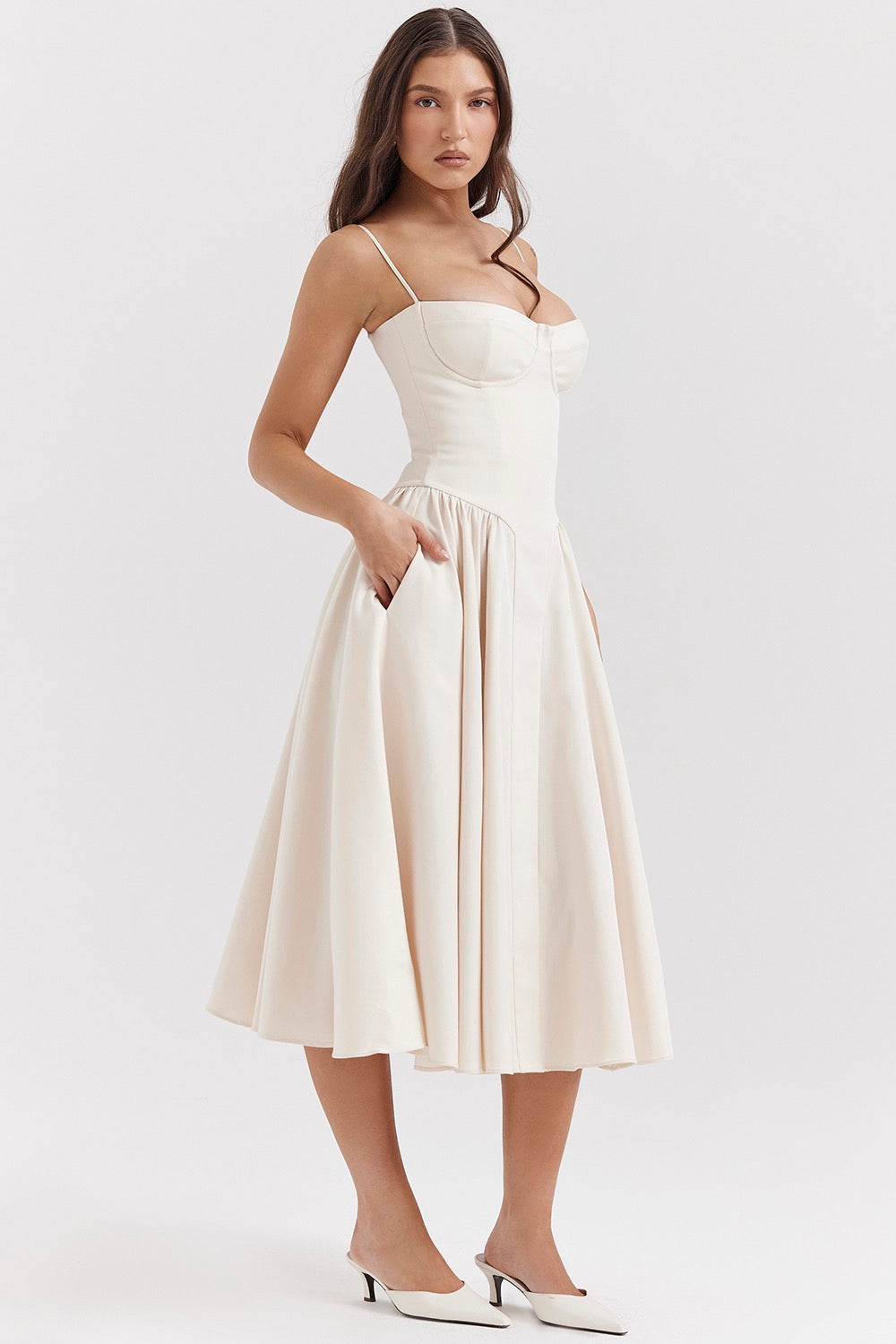 Women’s Corset Midi Dress Basqued Waist with Pockets Wedding Guest Gown