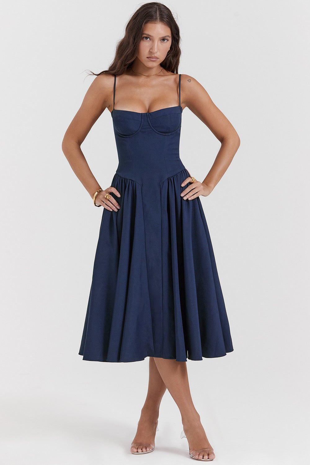 Women’s Corset Midi Dress Basqued Waist with Pockets Wedding Guest Gown