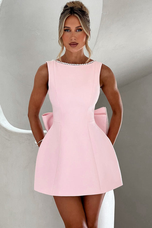 Women's A-Line Mini Dress with Pearl Trim Backless Design and Statement Bow