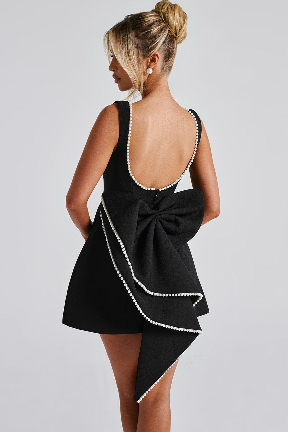 Women's A-Line Mini Dress with Pearl Trim Backless Design and Statement Bow