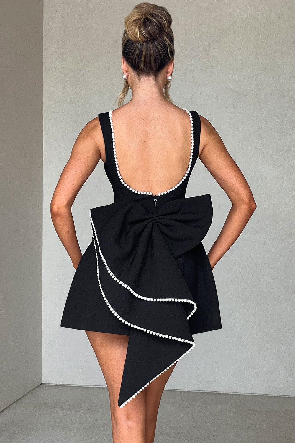 Women's A-Line Mini Dress with Pearl Trim Backless Design and Statement Bow