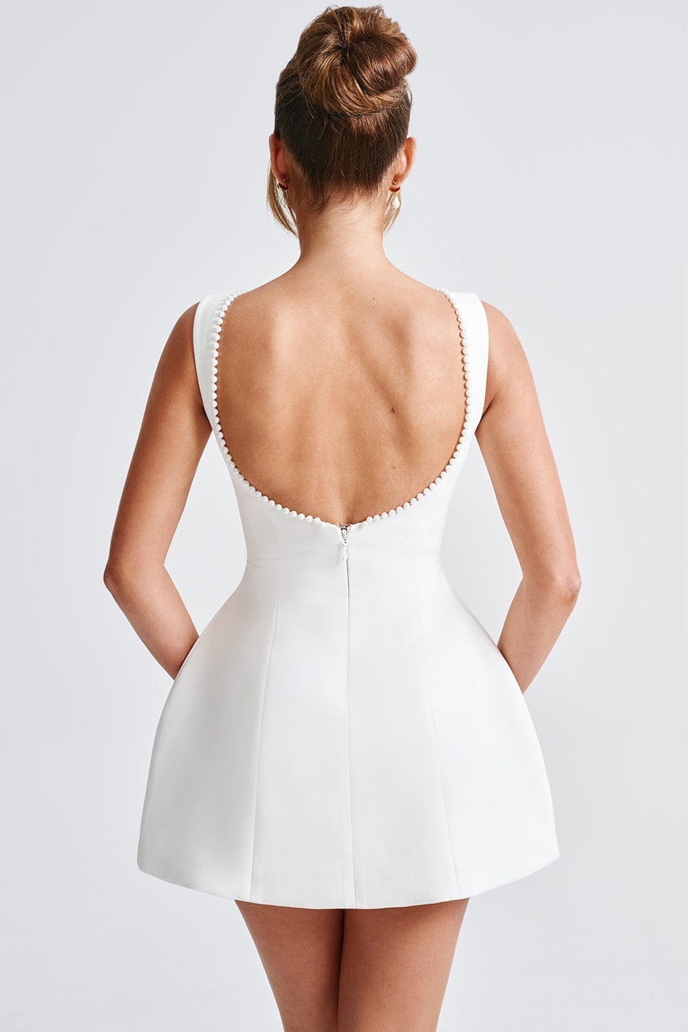 Women's A-Line Mini Dress with Pearl Trim Backless Design and Statement Bow