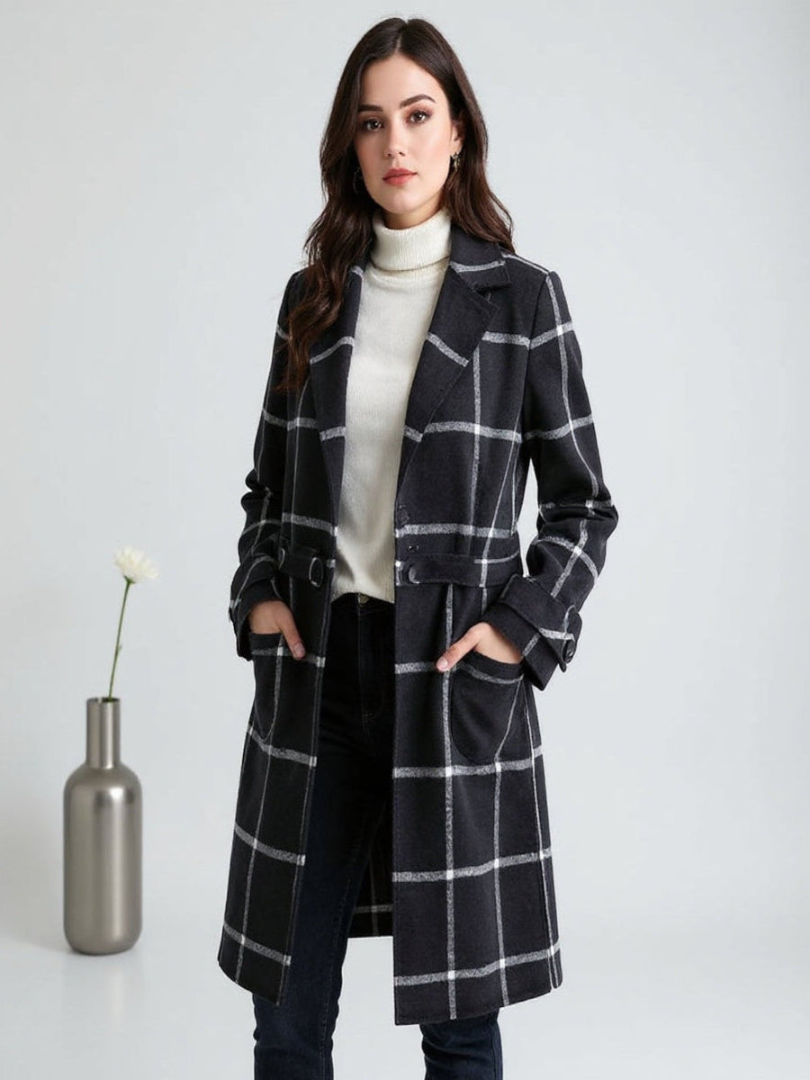 Ceylan Forest Green Windowpane Plaid Wool Coat