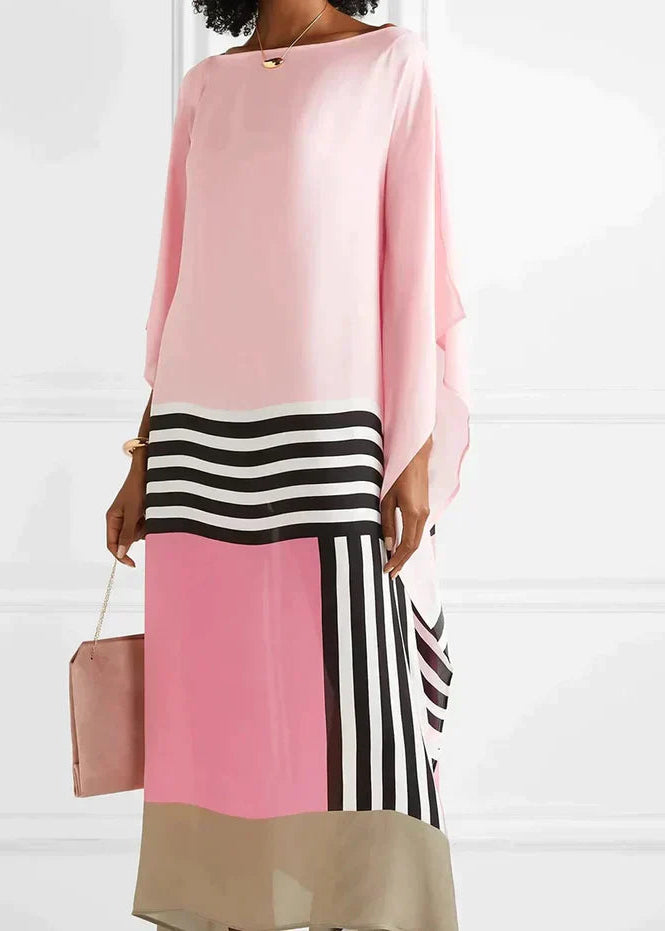 Women's Silk Kaftan Midi Dress with Asymmetric Hem and Contrast Stripe Detail