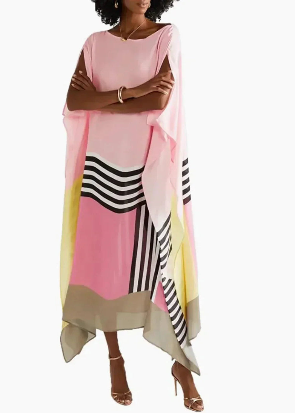 Women's Silk Kaftan Midi Dress with Asymmetric Hem and Contrast Stripe Detail