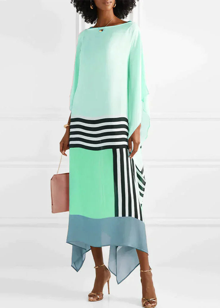 Women's Silk Kaftan Midi Dress with Asymmetric Hem and Contrast Stripe Detail