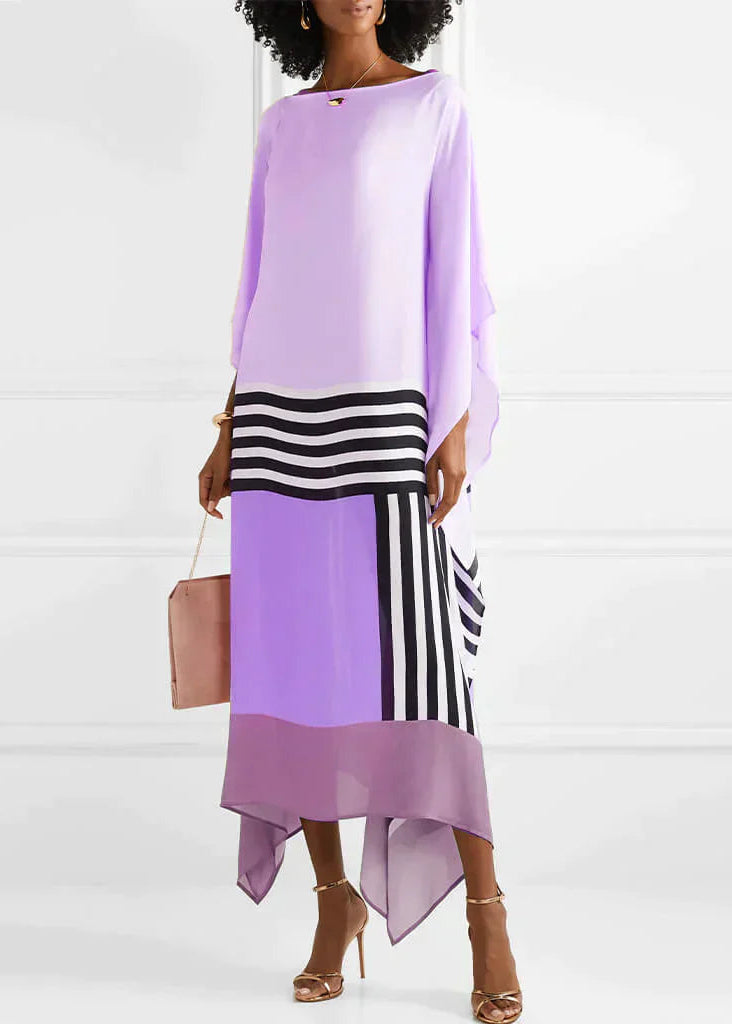 Women's Silk Kaftan Midi Dress with Asymmetric Hem and Contrast Stripe Detail